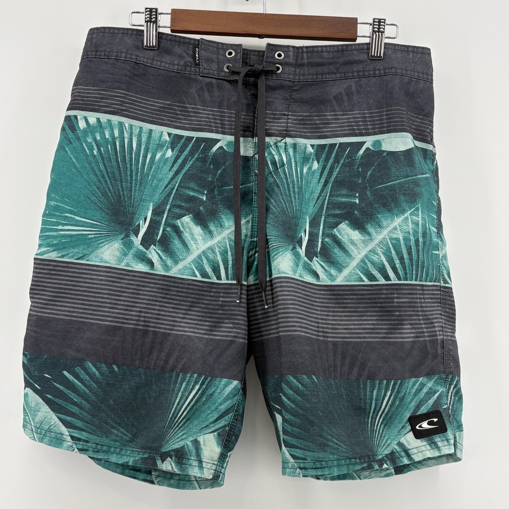 O'Neill Board Shorts Mens Green Dark Gray Palm Leaf Striped Drawstring Beach 34